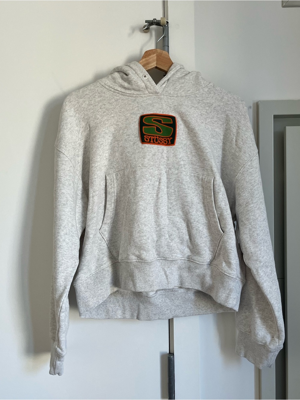Stussy Heather Gray Hoodie with Green & Orange Patch